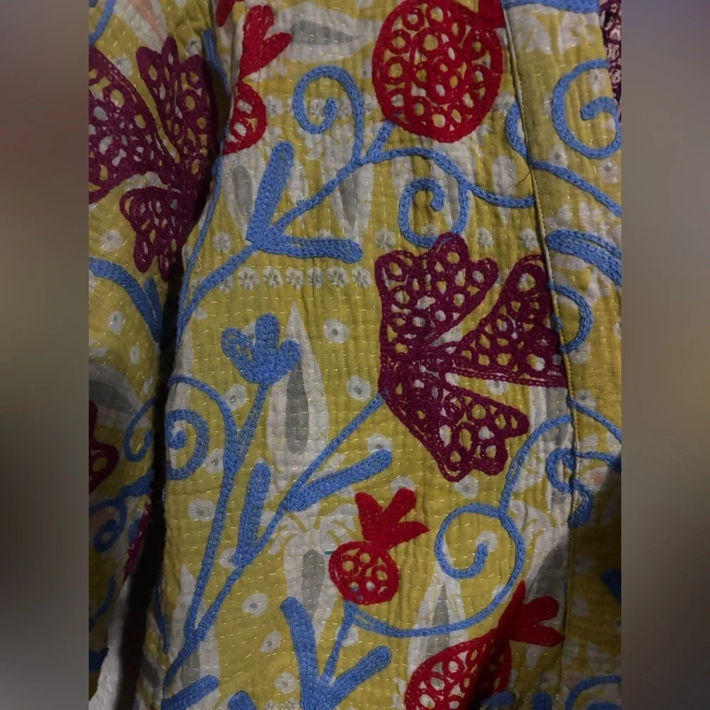 Embroidered Floral Open-Front Jacket in Yellow and Red - Picture 4 of 5